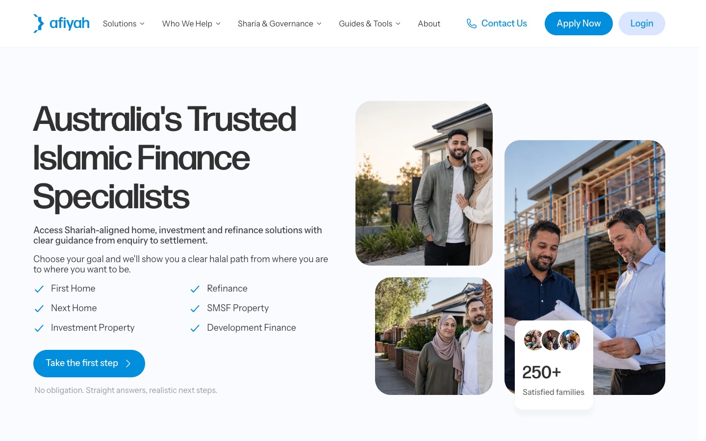 Afiyah homepage on a desktop screen: the heading Australia’s Trusted Islamic Finance Specialists beside photos of families, with a list of finance scenarios and a Take the first step button