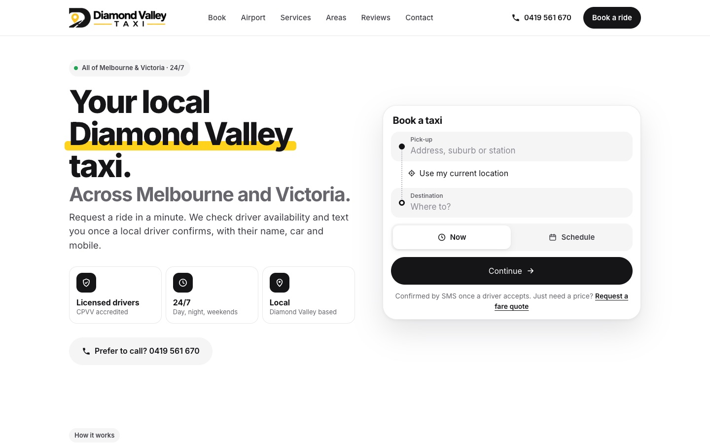 Diamond Valley Taxi homepage on a desktop screen: the heading Your local Diamond Valley taxi beside a Book a taxi form with pick-up and destination fields, Now and Schedule options and a Continue button